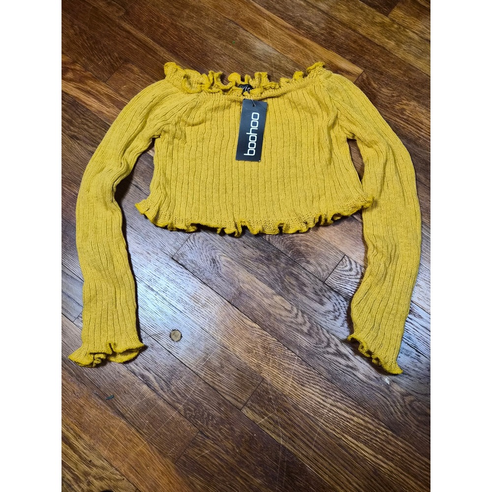 Boohoo Mustard Yellow Off The Shoulder Ruffle Knit Crop Top Long Sleeve M/L